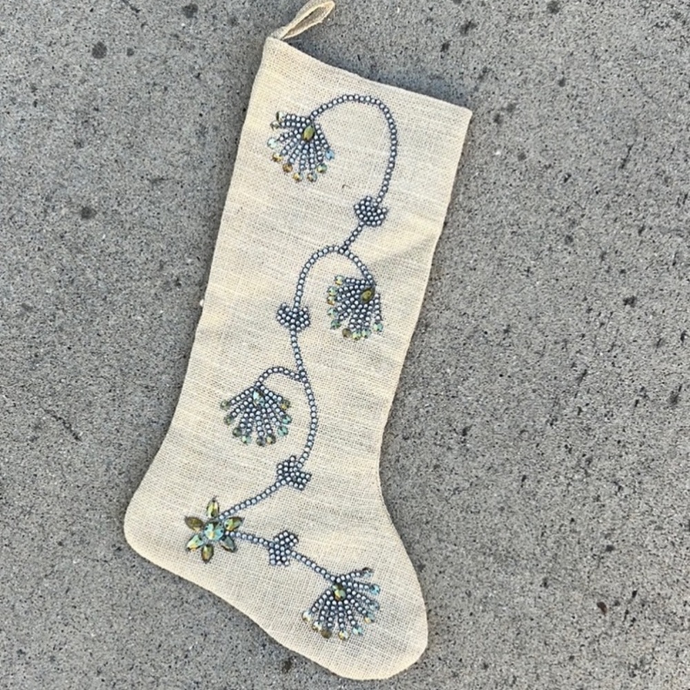 Christmas decor! Burlap holiday stocking with jewel design